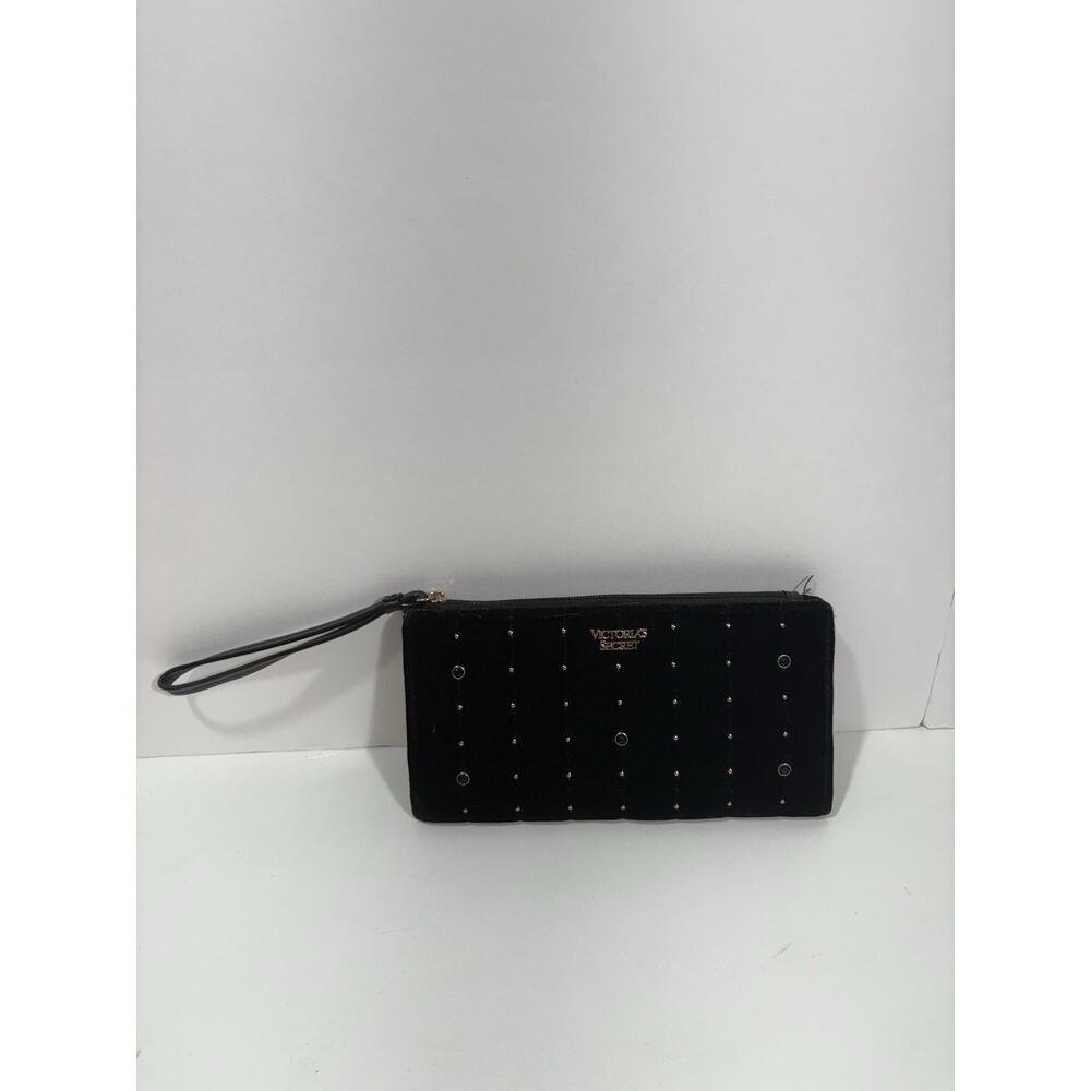 VICTORIAS SECRET VELVET STUDDED CLUTCH‎ WRISTLET WALLET PURSE BLACK GOLD - Picture 1 of 7